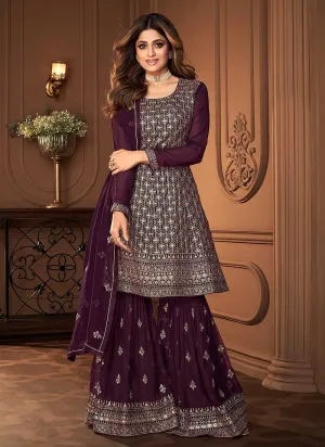 Purple and Gold Designer Embroidered Sharara Suit