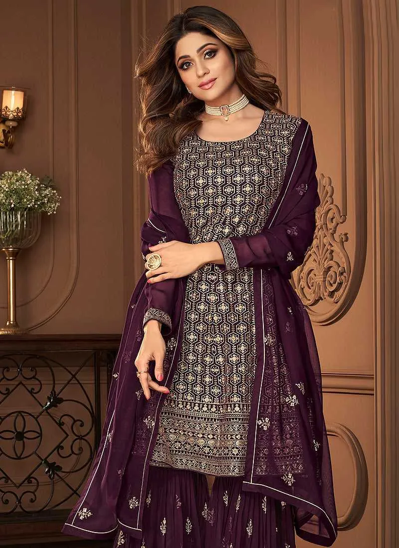 Purple and Gold Designer Embroidered Sharara Suit