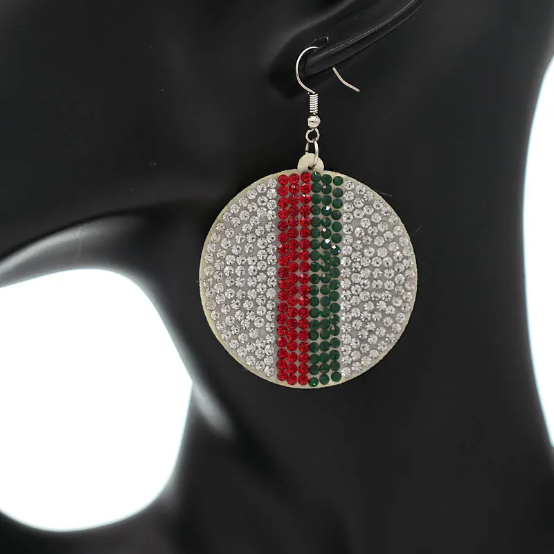 Red Green Round Rhinestone Felt Earrings