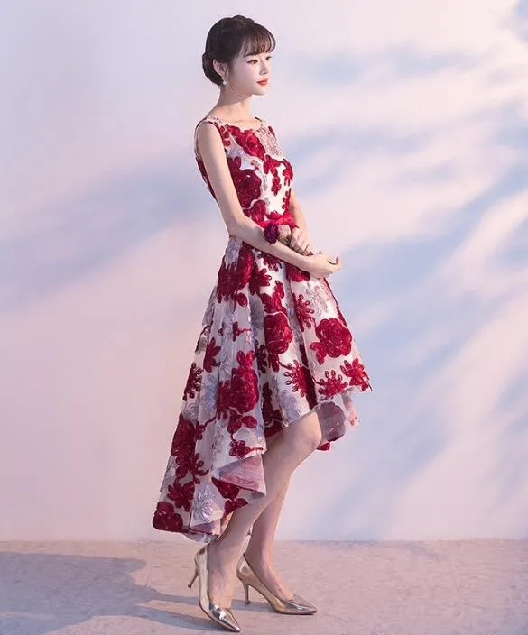 Red High Low Lace Round Neckline Homecoming Dress , Short Party Dress