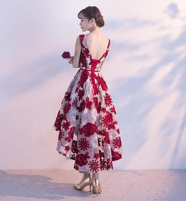 Red High Low Lace Round Neckline Homecoming Dress , Short Party Dress