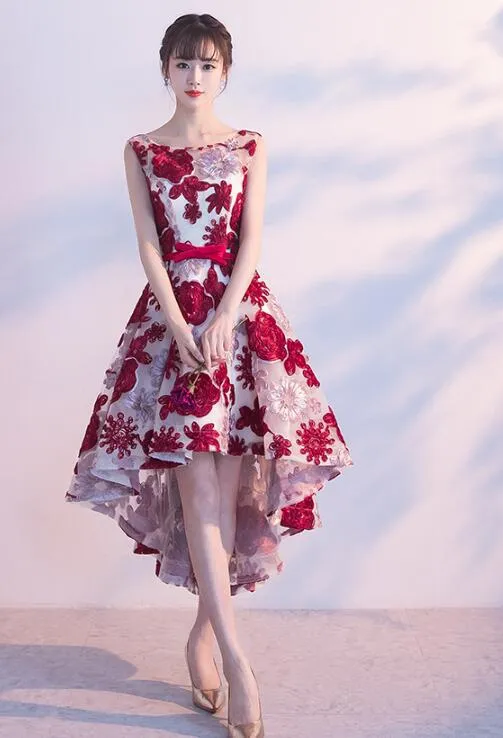Red High Low Lace Round Neckline Homecoming Dress , Short Party Dress