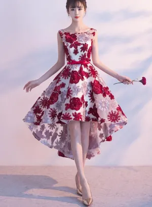 Red High Low Lace Round Neckline Homecoming Dress , Short Party Dress