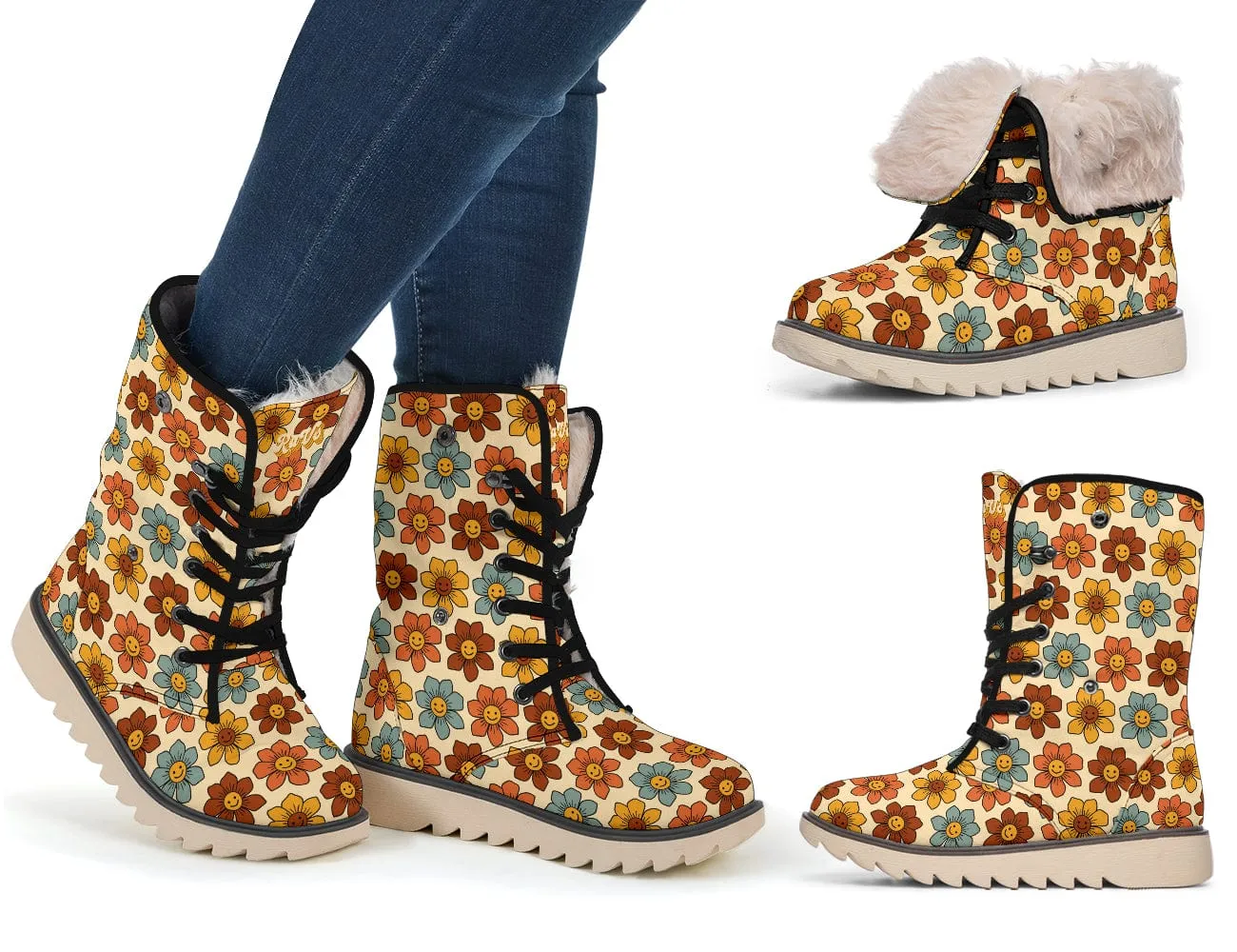 Retro 1970s Smiling Flowers Suede Snow Boots