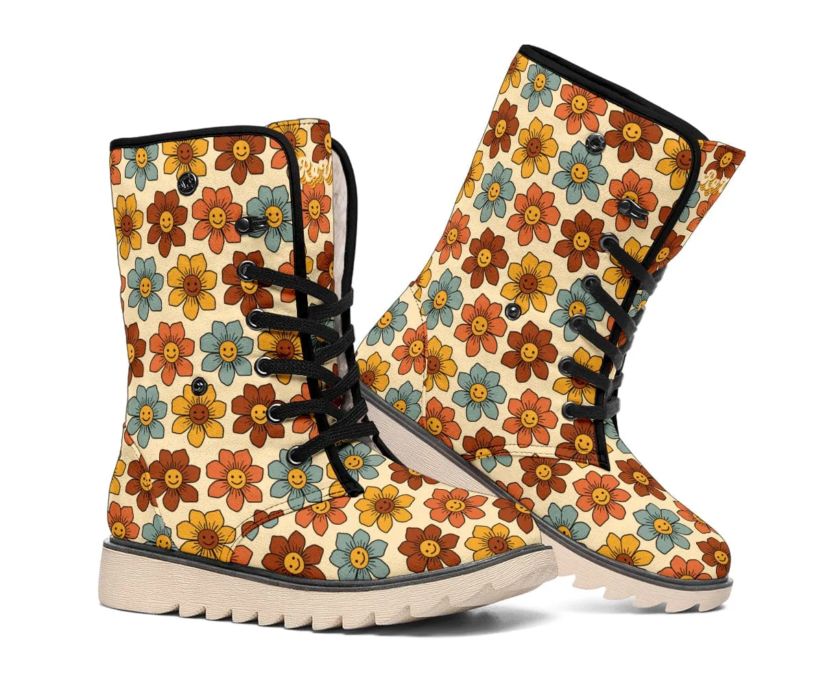 Retro 1970s Smiling Flowers Suede Snow Boots