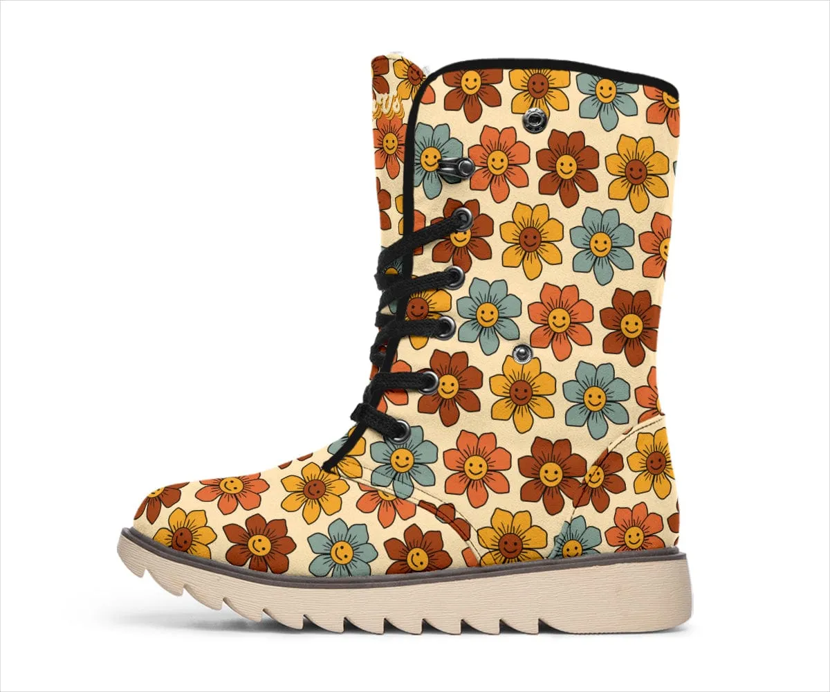 Retro 1970s Smiling Flowers Suede Snow Boots