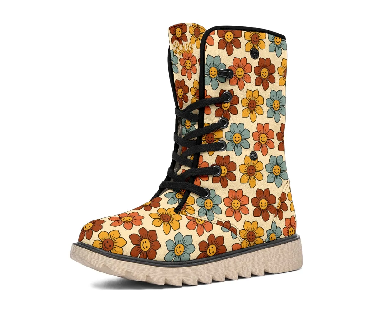 Retro 1970s Smiling Flowers Suede Snow Boots