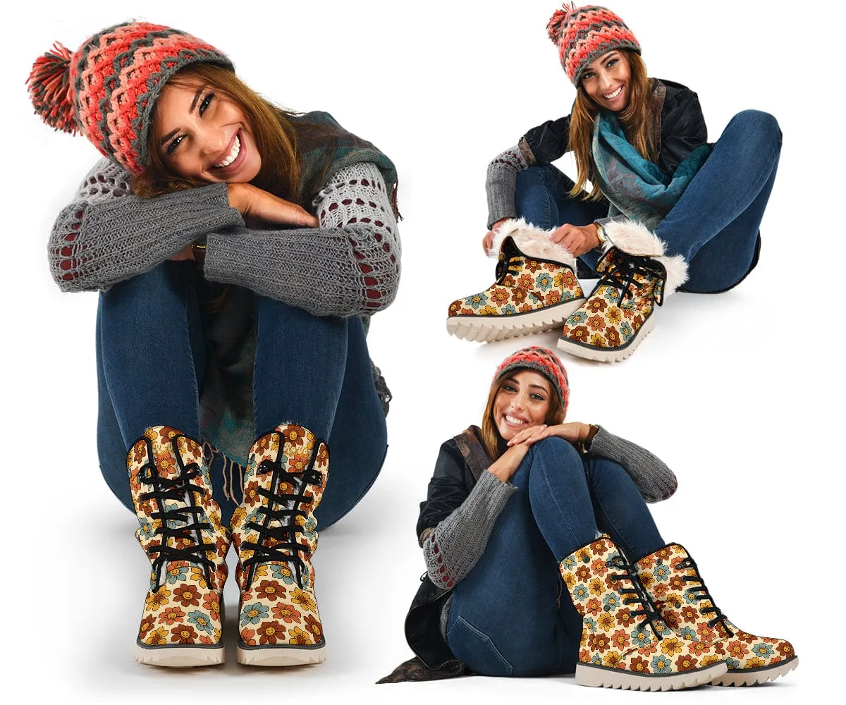 Retro 1970s Smiling Flowers Suede Snow Boots