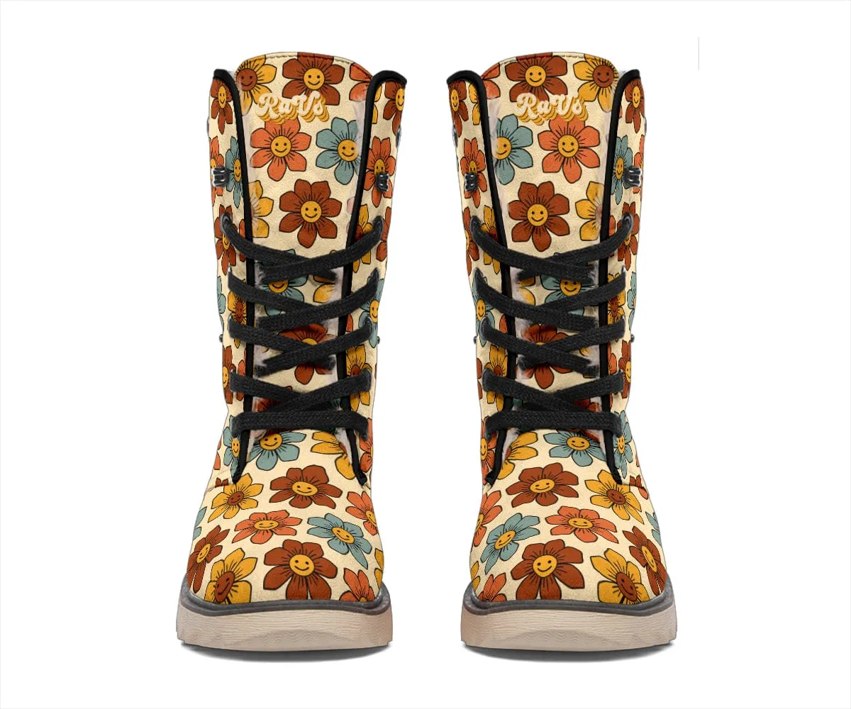 Retro 1970s Smiling Flowers Suede Snow Boots