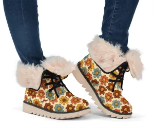 Retro 1970s Smiling Flowers Suede Snow Boots