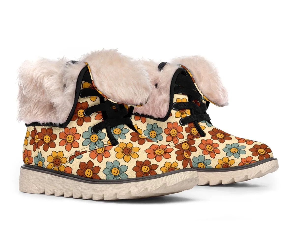 Retro 1970s Smiling Flowers Suede Snow Boots