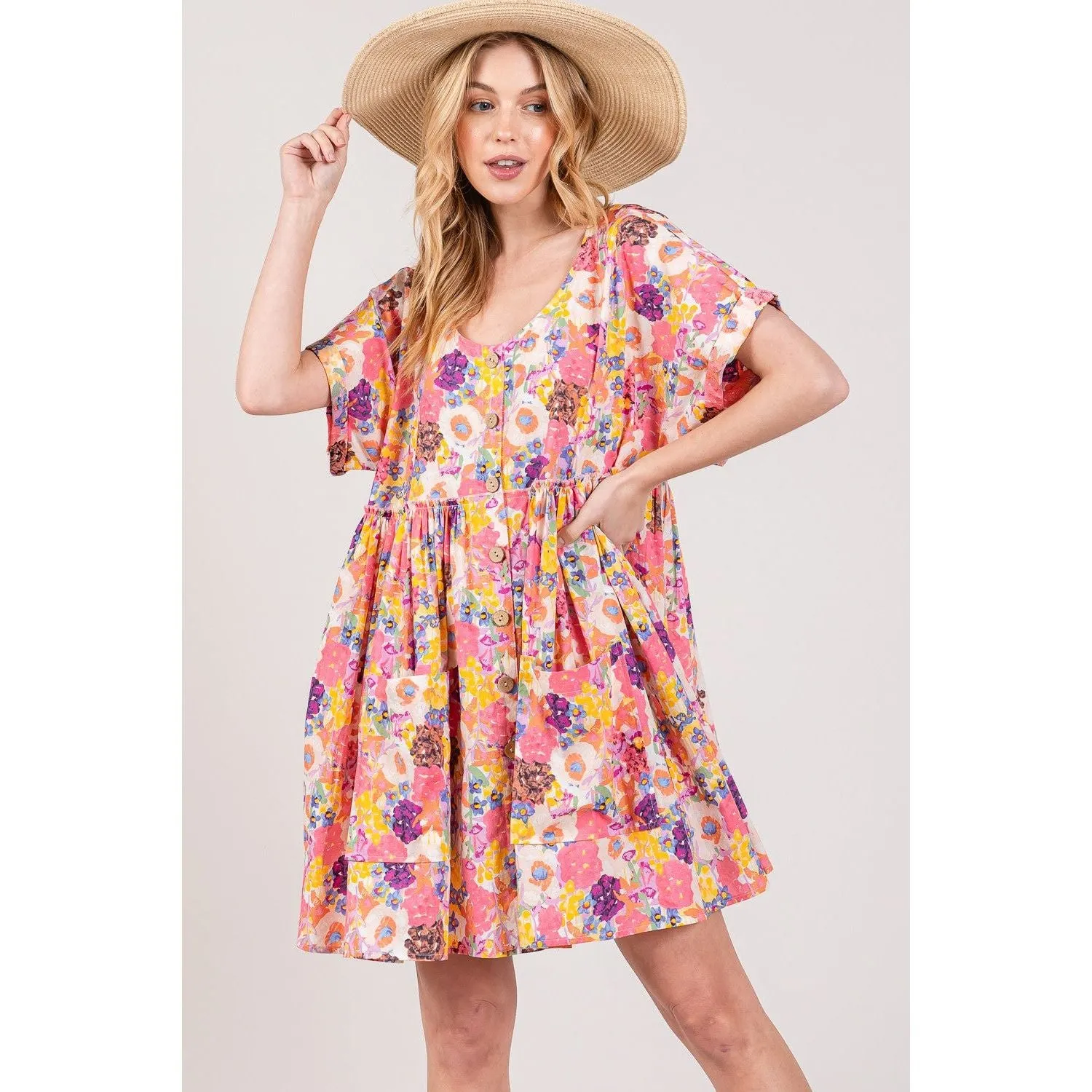 SAGE   FIG Floral Short Sleeve Babydoll Dress with Pockets