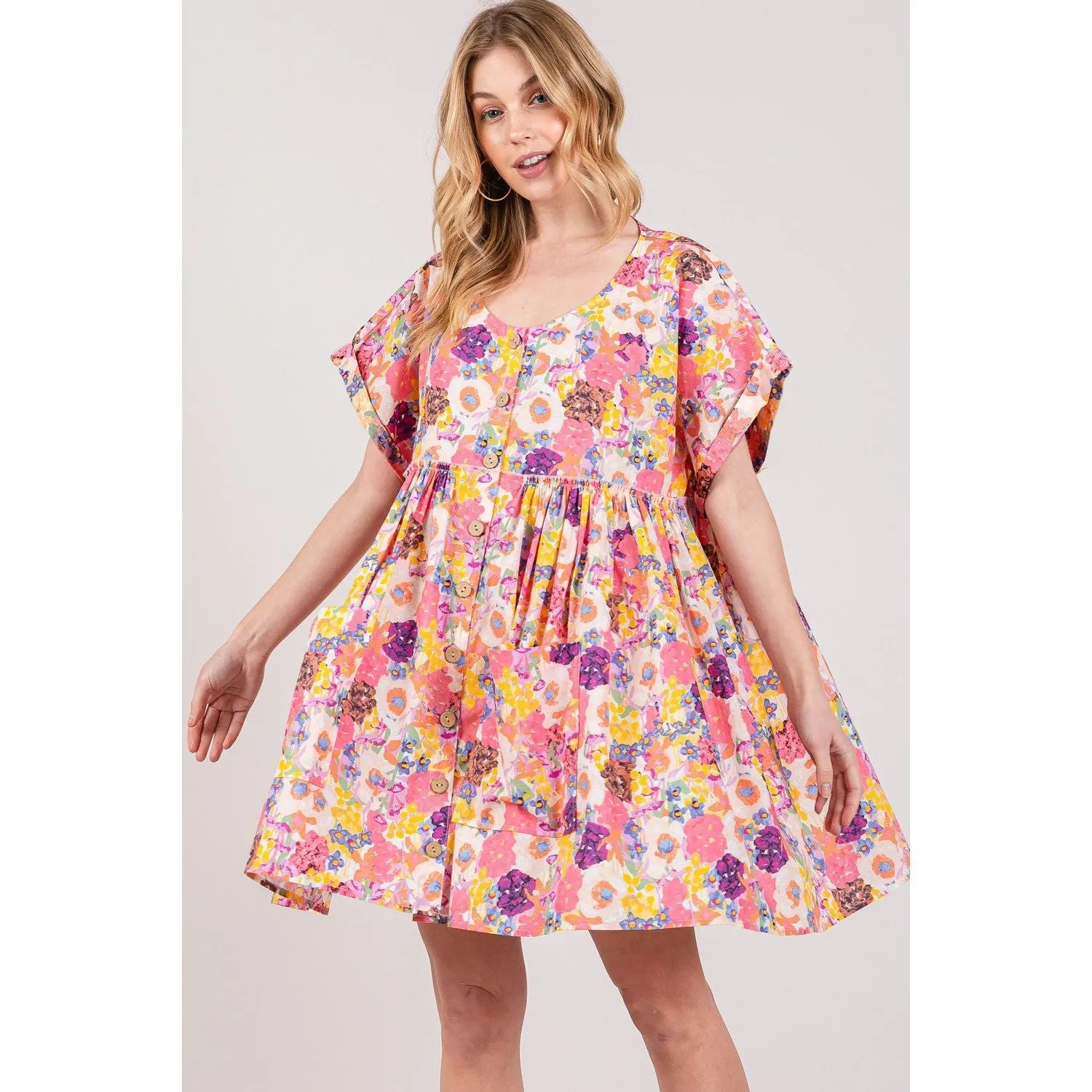 SAGE   FIG Floral Short Sleeve Babydoll Dress with Pockets