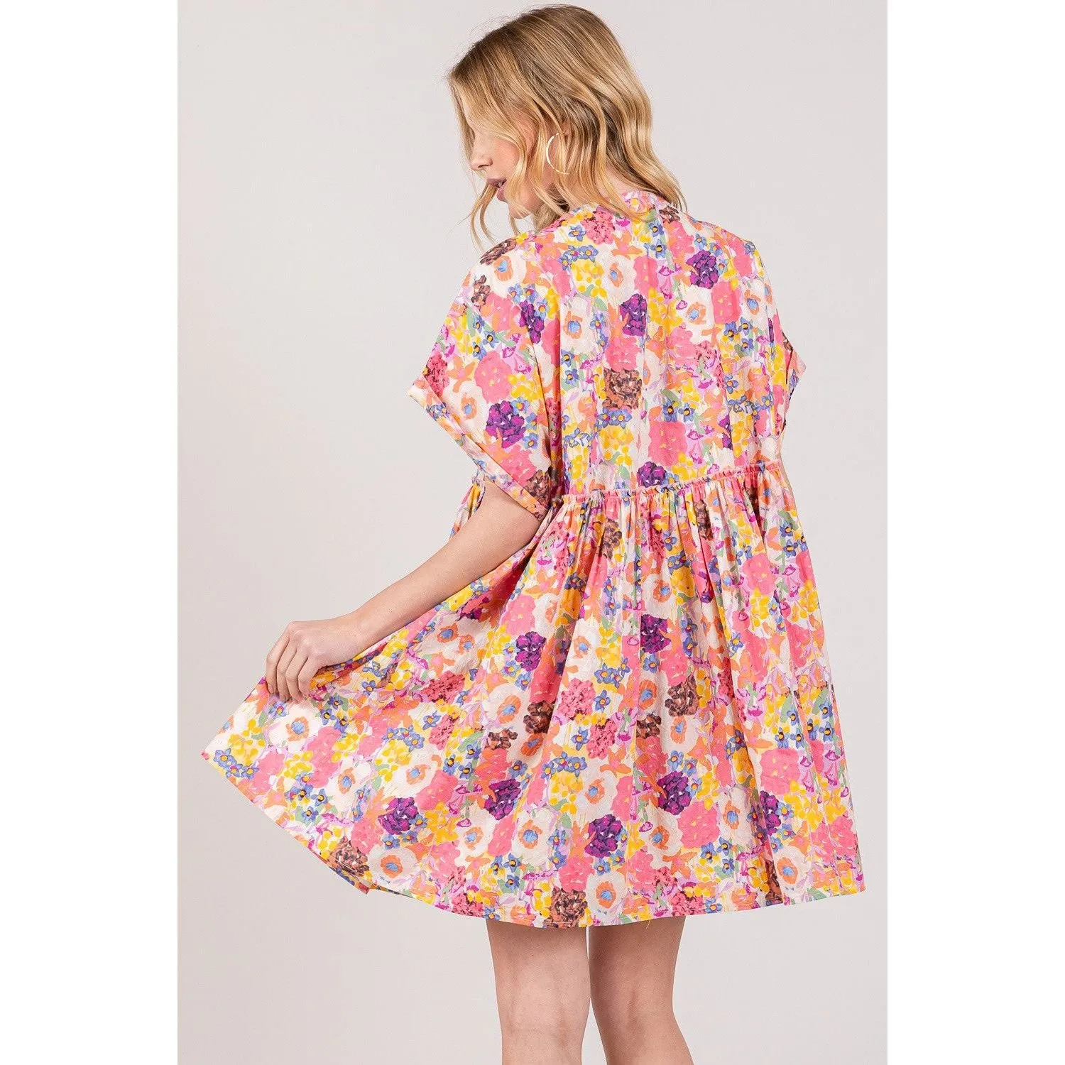 SAGE   FIG Floral Short Sleeve Babydoll Dress with Pockets