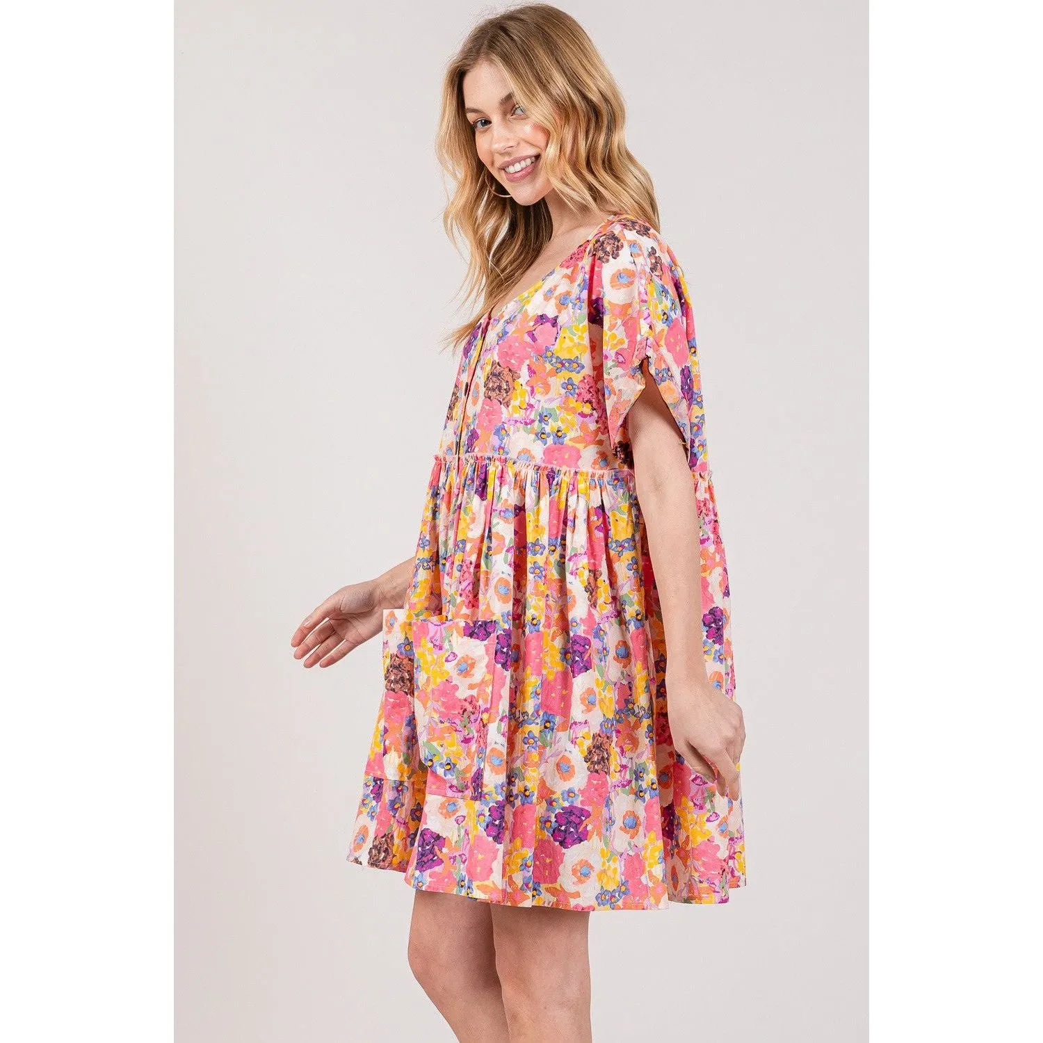 SAGE   FIG Floral Short Sleeve Babydoll Dress with Pockets