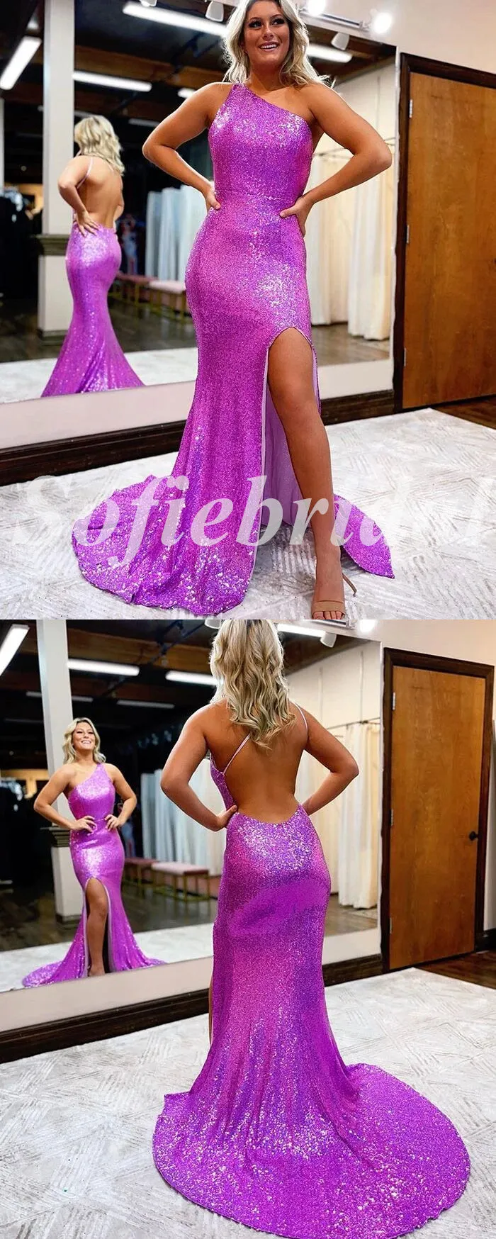 Sexy Sequin One Shoulder Sleeveless Side Slit Mermaid Long Prom Dresses,PD0801