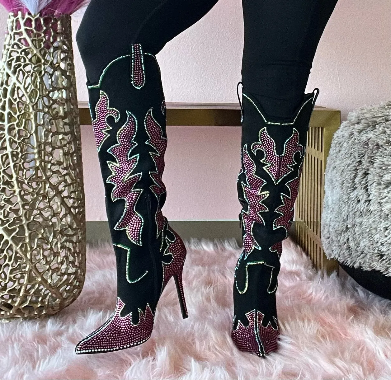 SHINING QUEEN Black boot with Hot Pink, Clear and Green Rhinestone Detail