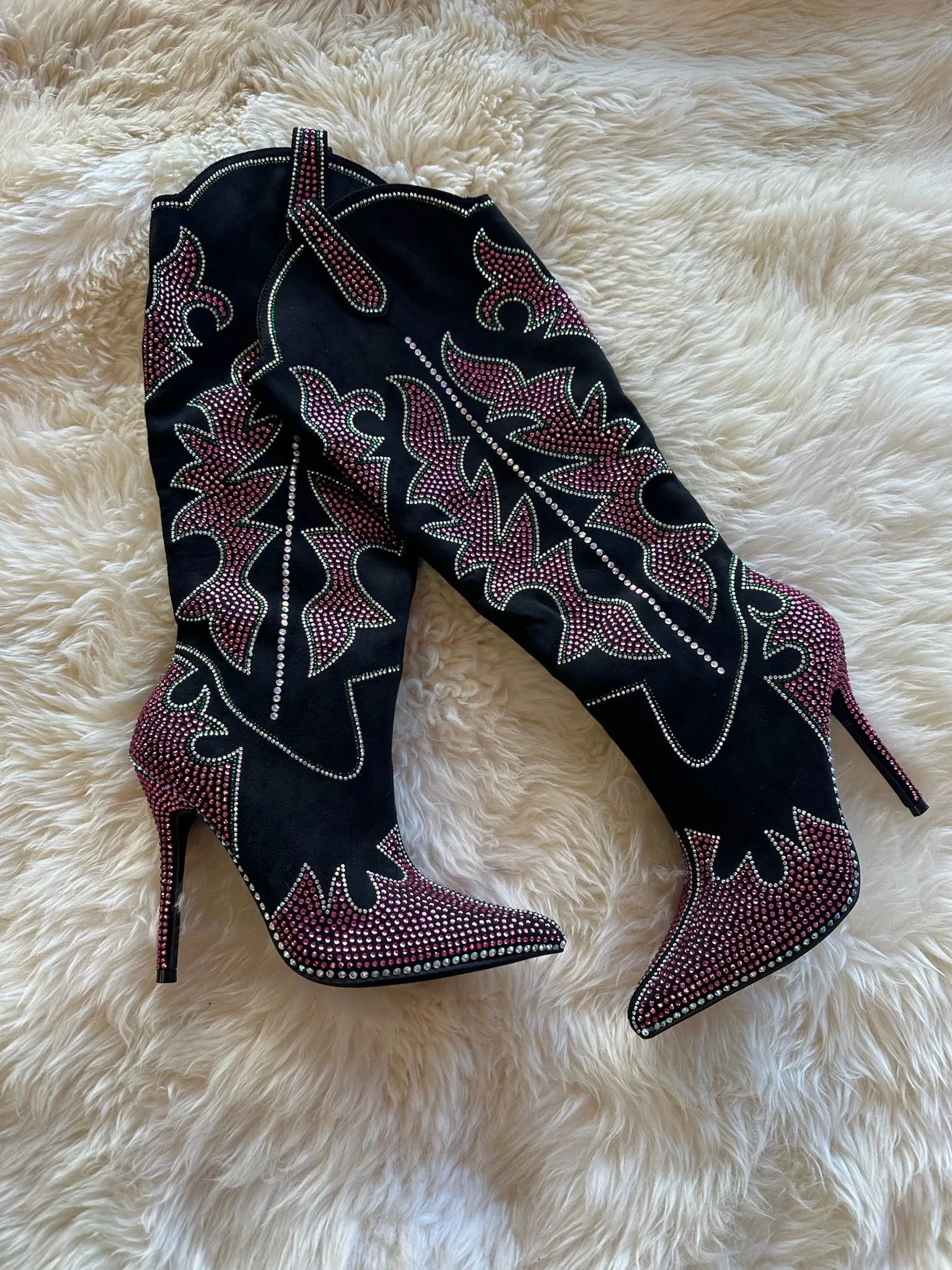 SHINING QUEEN Black boot with Hot Pink, Clear and Green Rhinestone Detail