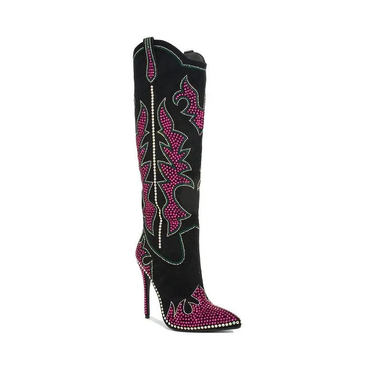 SHINING QUEEN Black boot with Hot Pink, Clear and Green Rhinestone Detail