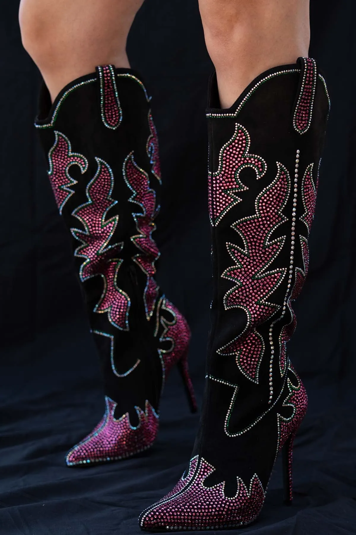 SHINING QUEEN Black boot with Hot Pink, Clear and Green Rhinestone Detail