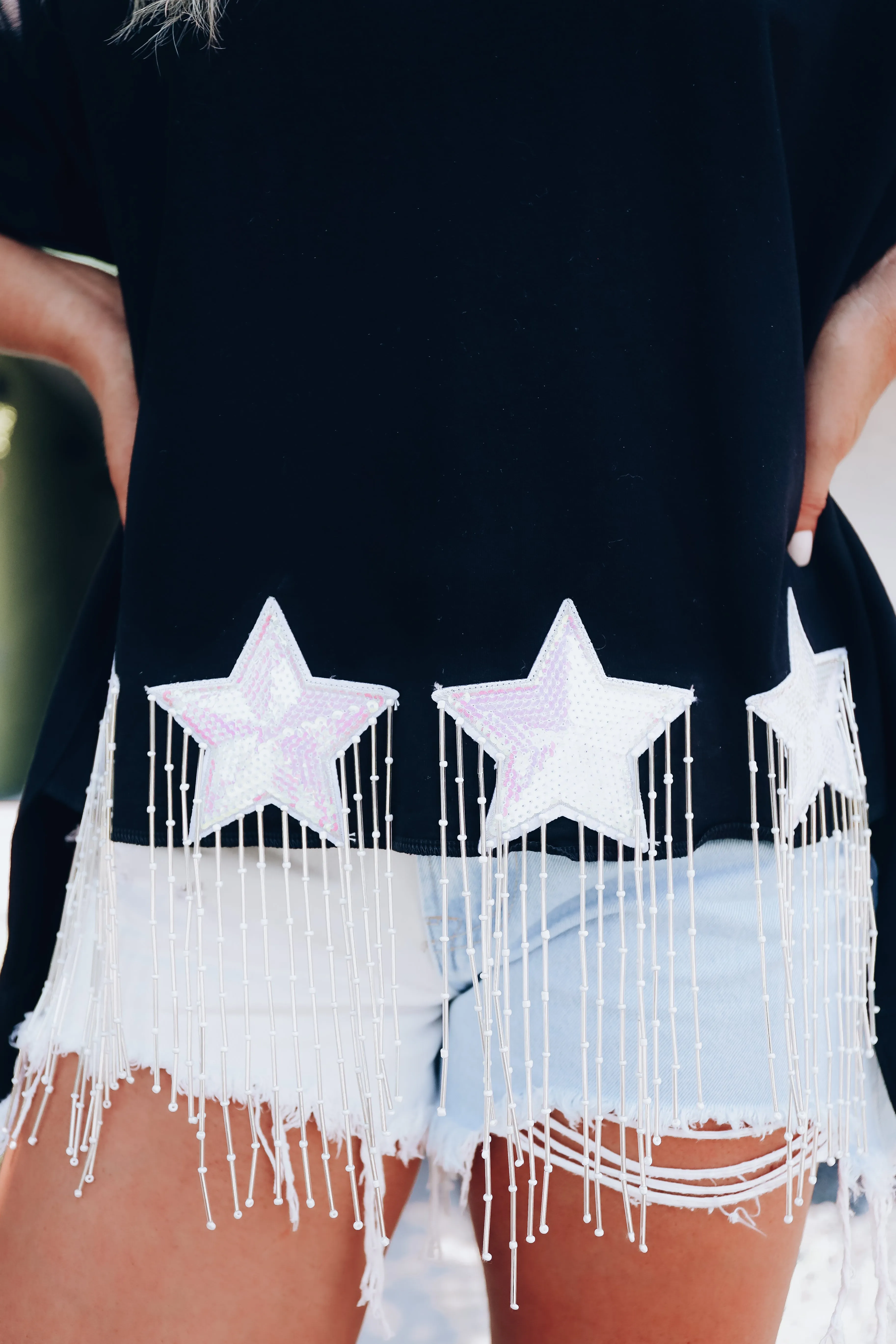 Shooting Star Fringe Oversized Tee - Black
