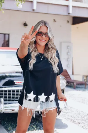 Shooting Star Fringe Oversized Tee - Black