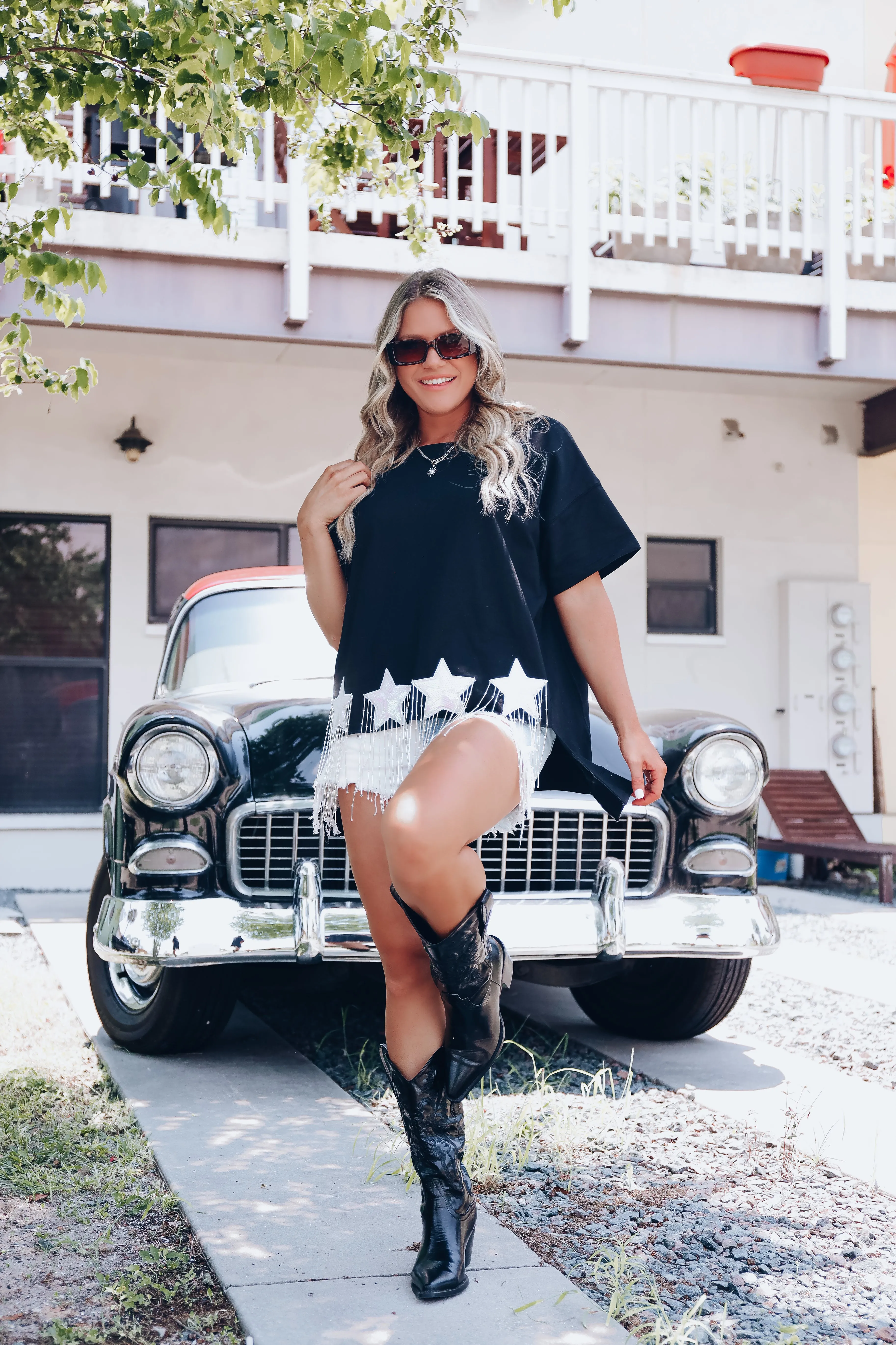 Shooting Star Fringe Oversized Tee - Black