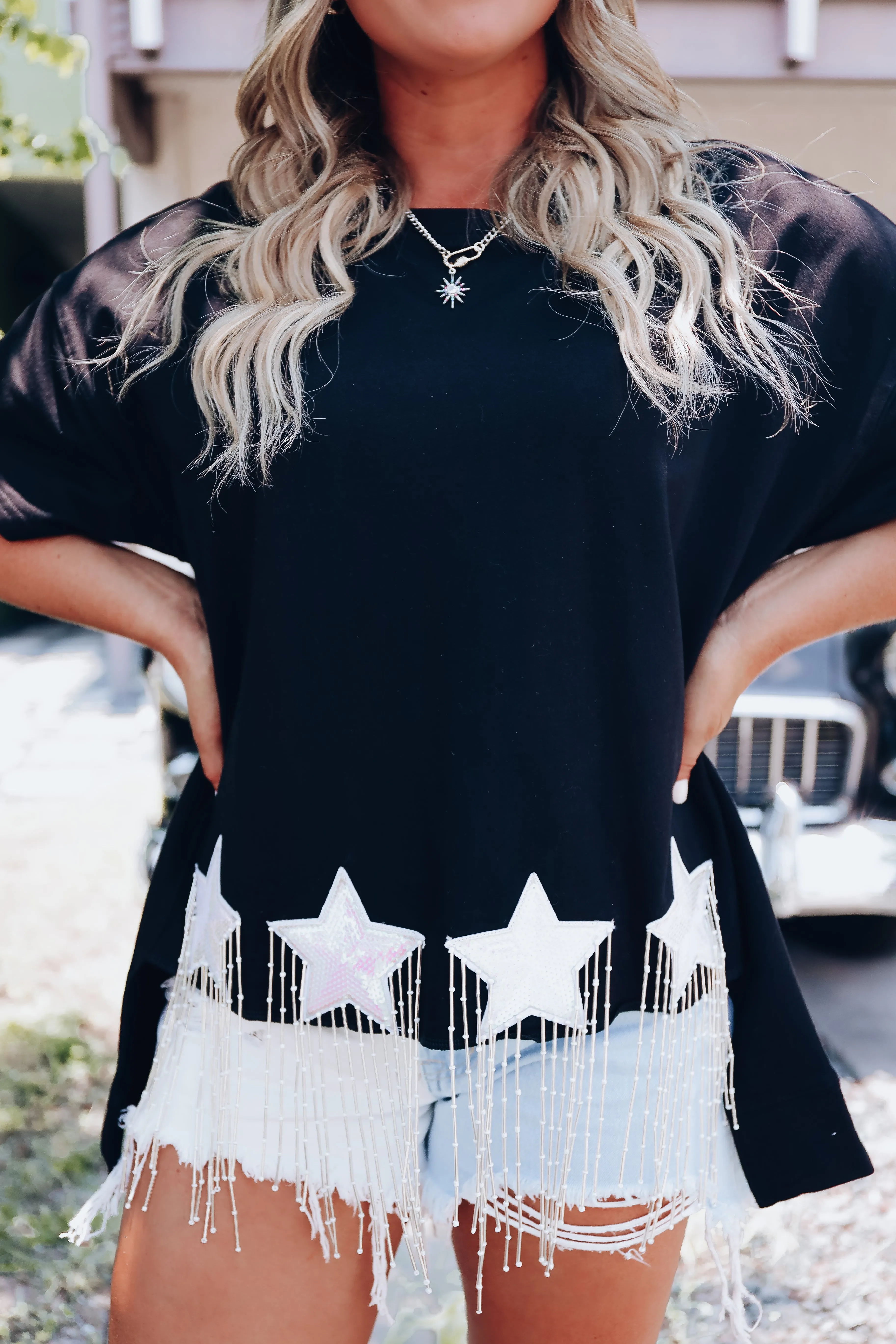 Shooting Star Fringe Oversized Tee - Black