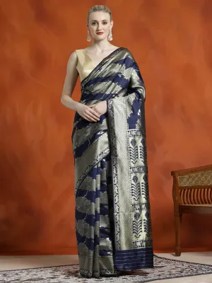 Silk Navy Blue Banarasi Zari Woven Heavy Saree