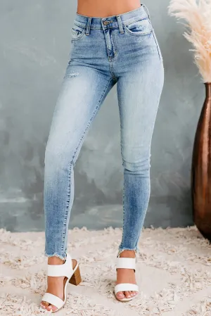 Similar Interests Sneak Peek Frayed Hem Skinny Jeans (Medium Light)