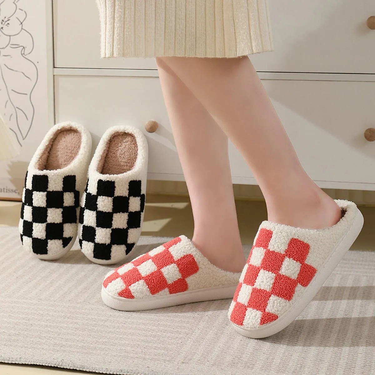 SIMPLE CHECKERED WARM COTTON SLIPPERS SCWC1