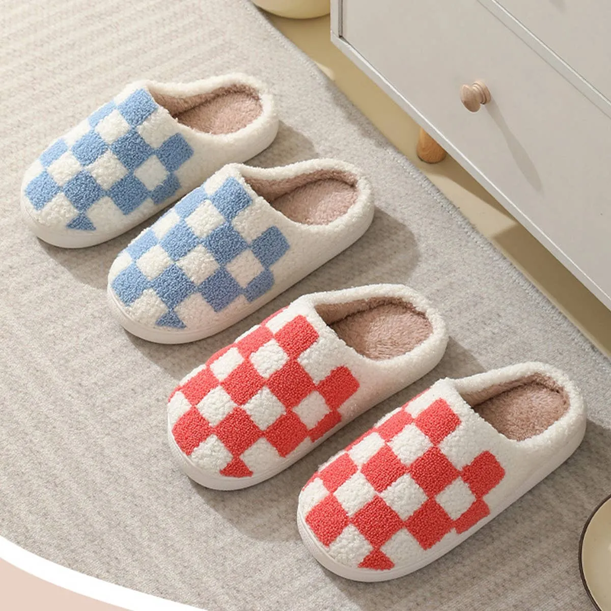 SIMPLE CHECKERED WARM COTTON SLIPPERS SCWC1