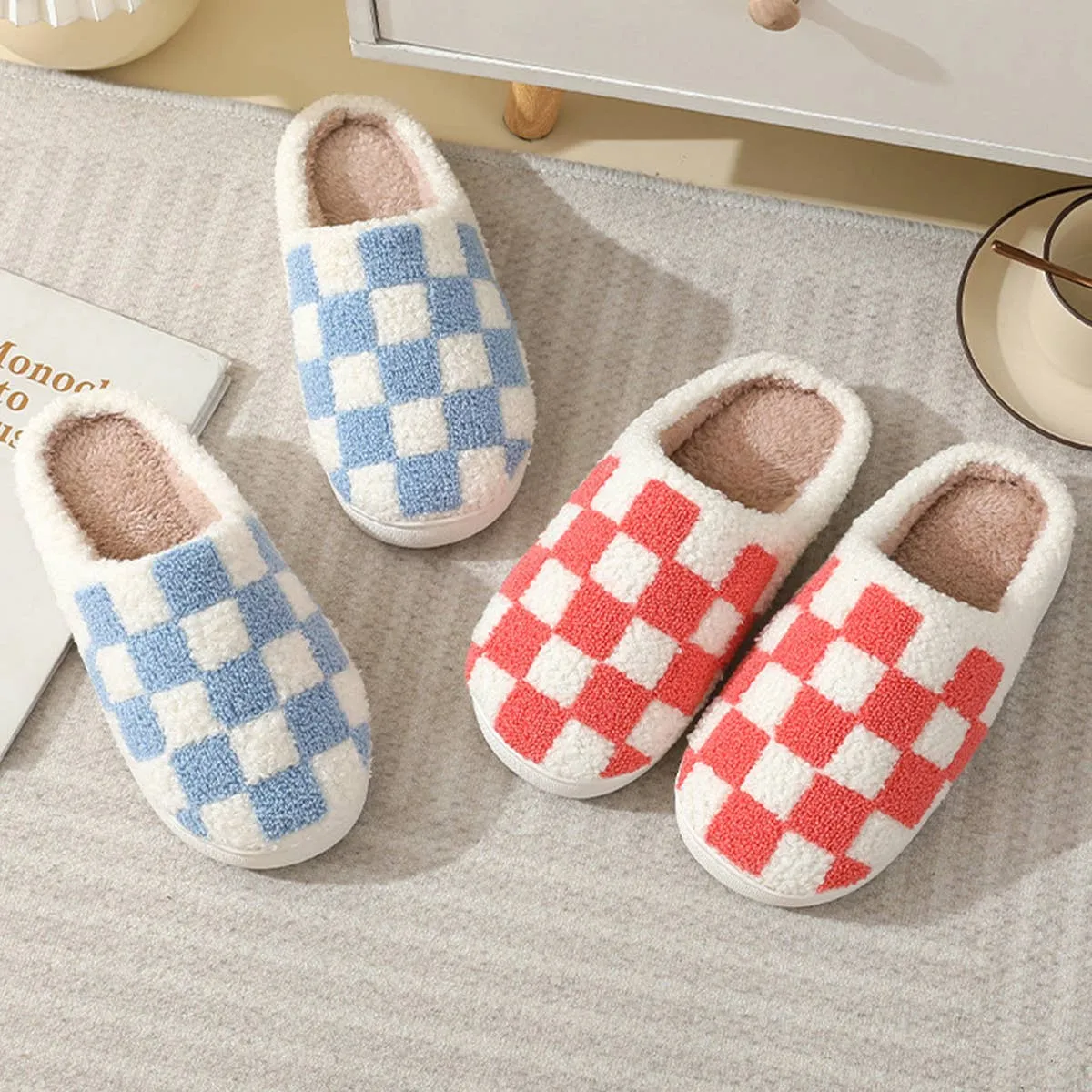 SIMPLE CHECKERED WARM COTTON SLIPPERS SCWC1