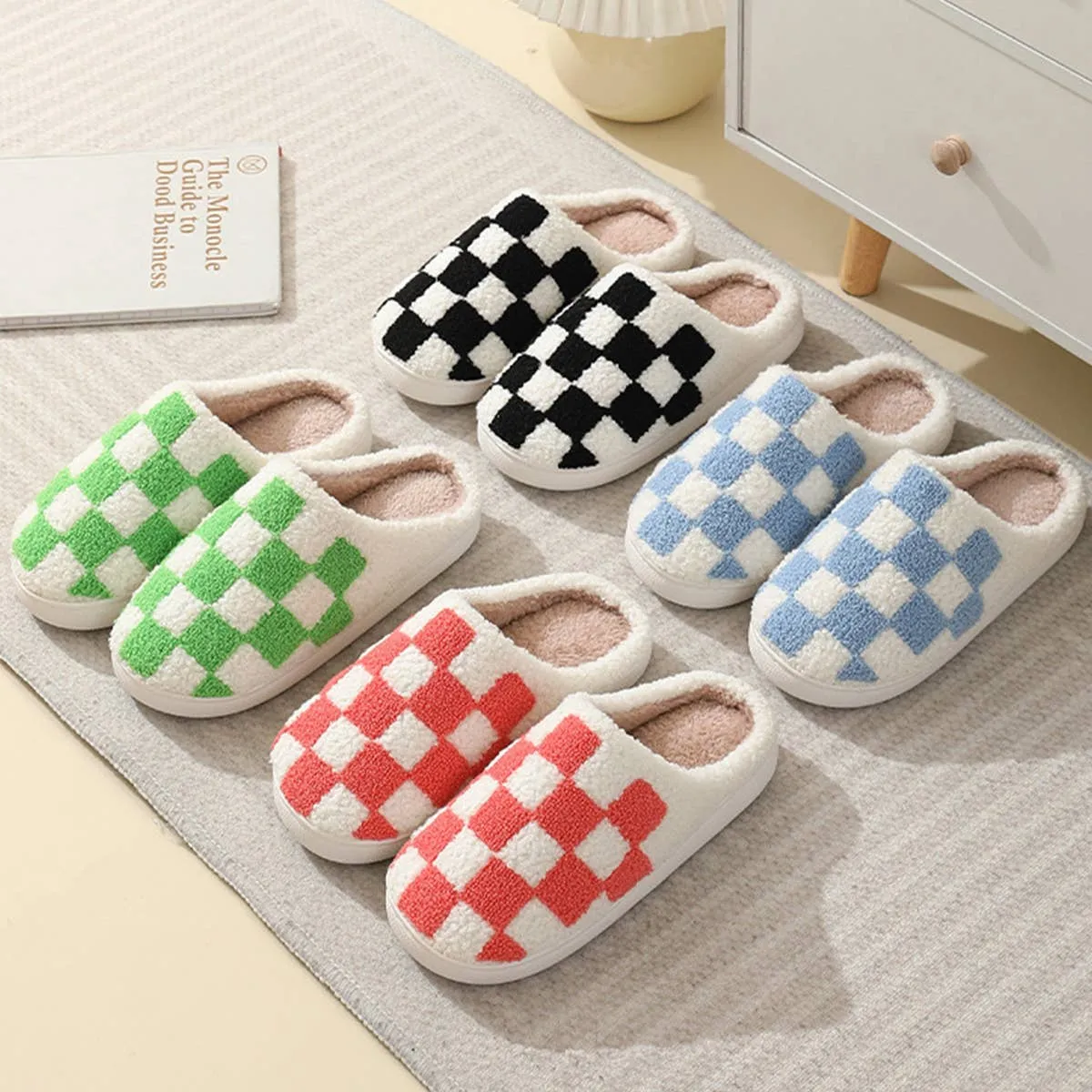 SIMPLE CHECKERED WARM COTTON SLIPPERS SCWC1