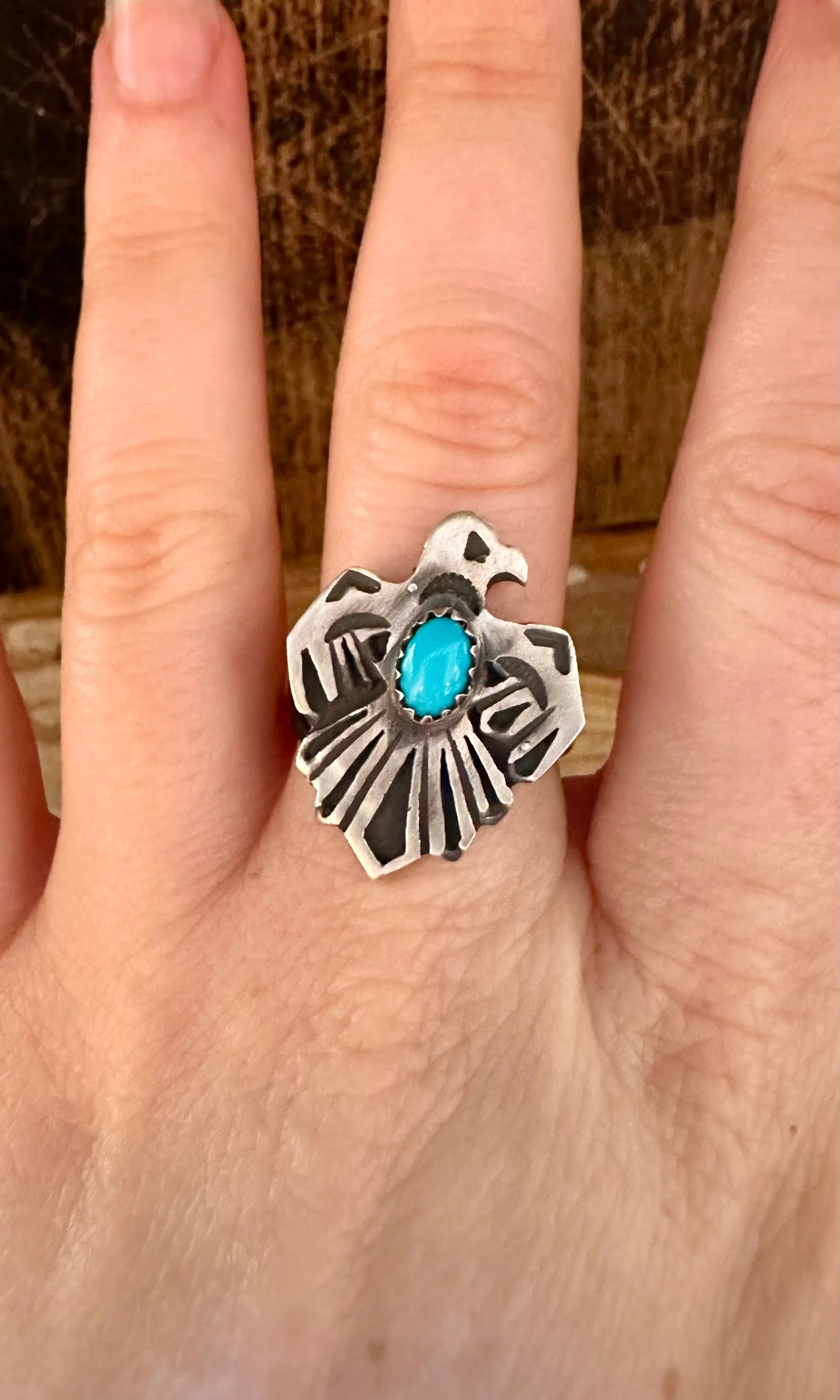 SMALL THUNDERBIRD Running Bear Navajo Turquoise and Sterling Silver Ring • Multiple Sizes