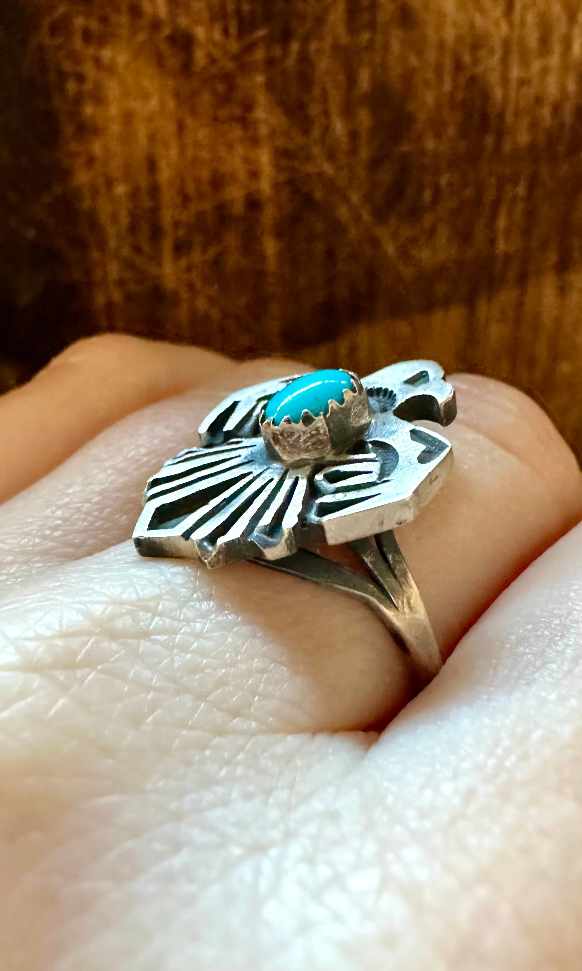 SMALL THUNDERBIRD Running Bear Navajo Turquoise and Sterling Silver Ring • Multiple Sizes