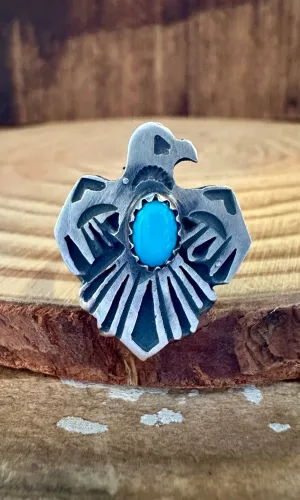 SMALL THUNDERBIRD Running Bear Navajo Turquoise and Sterling Silver Ring • Multiple Sizes