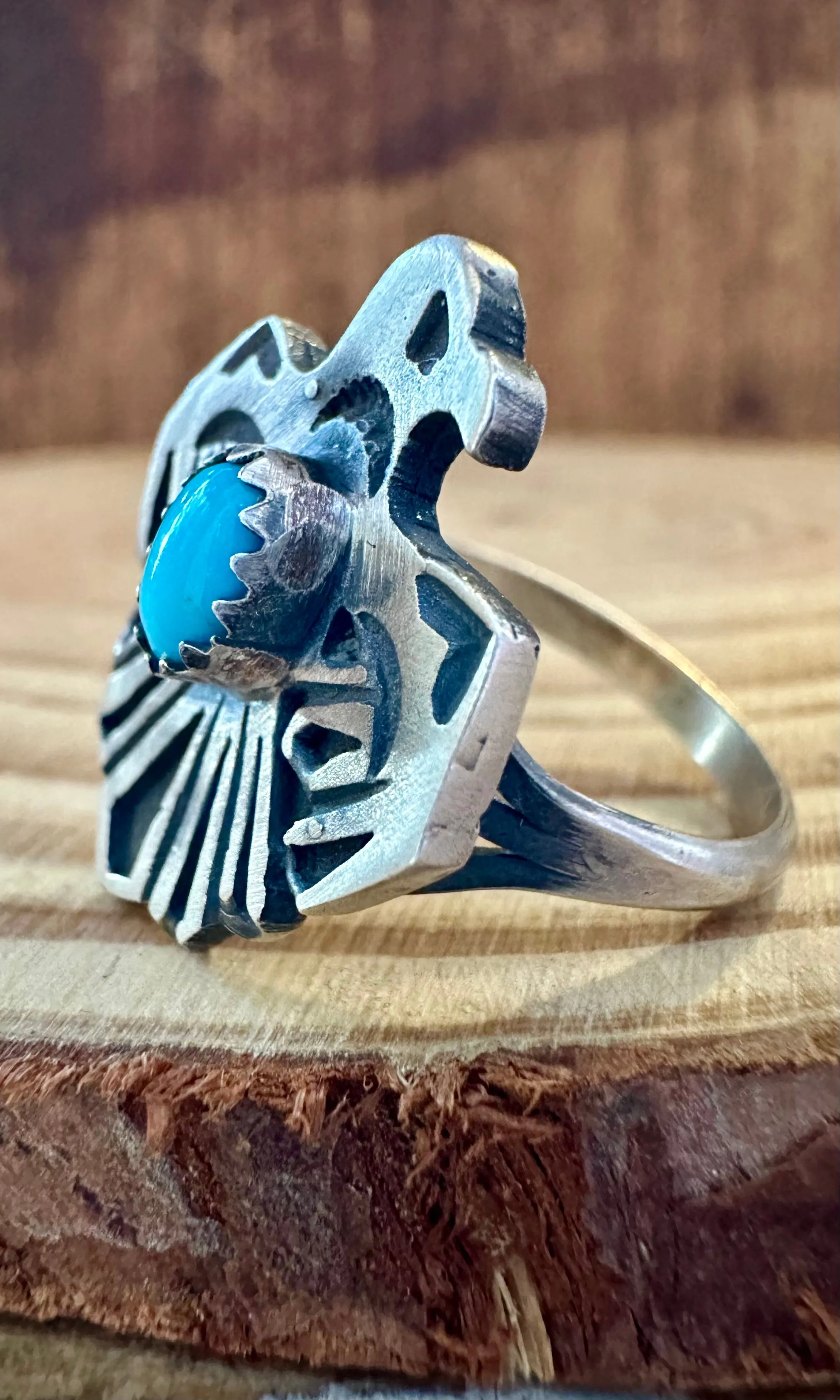 SMALL THUNDERBIRD Running Bear Navajo Turquoise and Sterling Silver Ring • Multiple Sizes