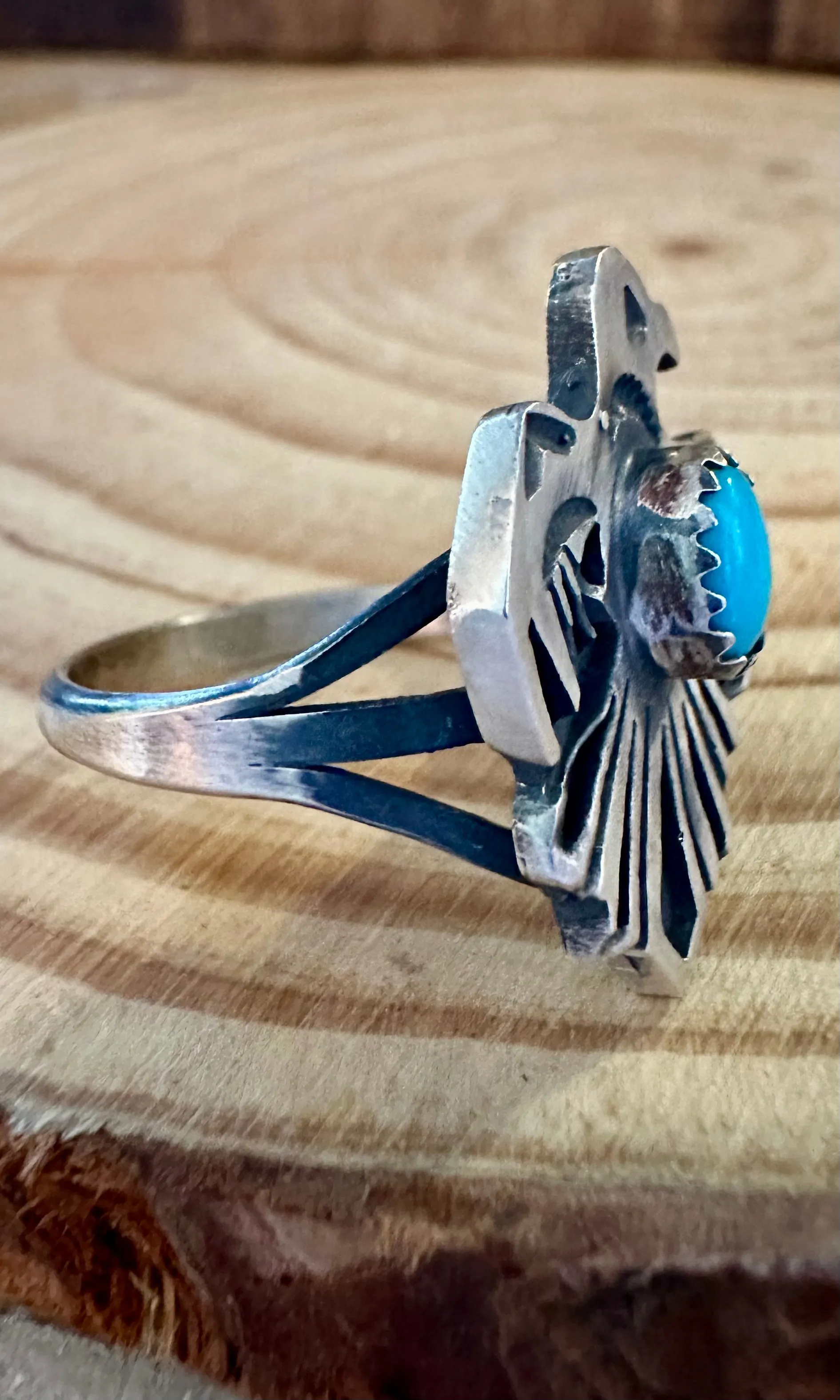 SMALL THUNDERBIRD Running Bear Navajo Turquoise and Sterling Silver Ring • Multiple Sizes