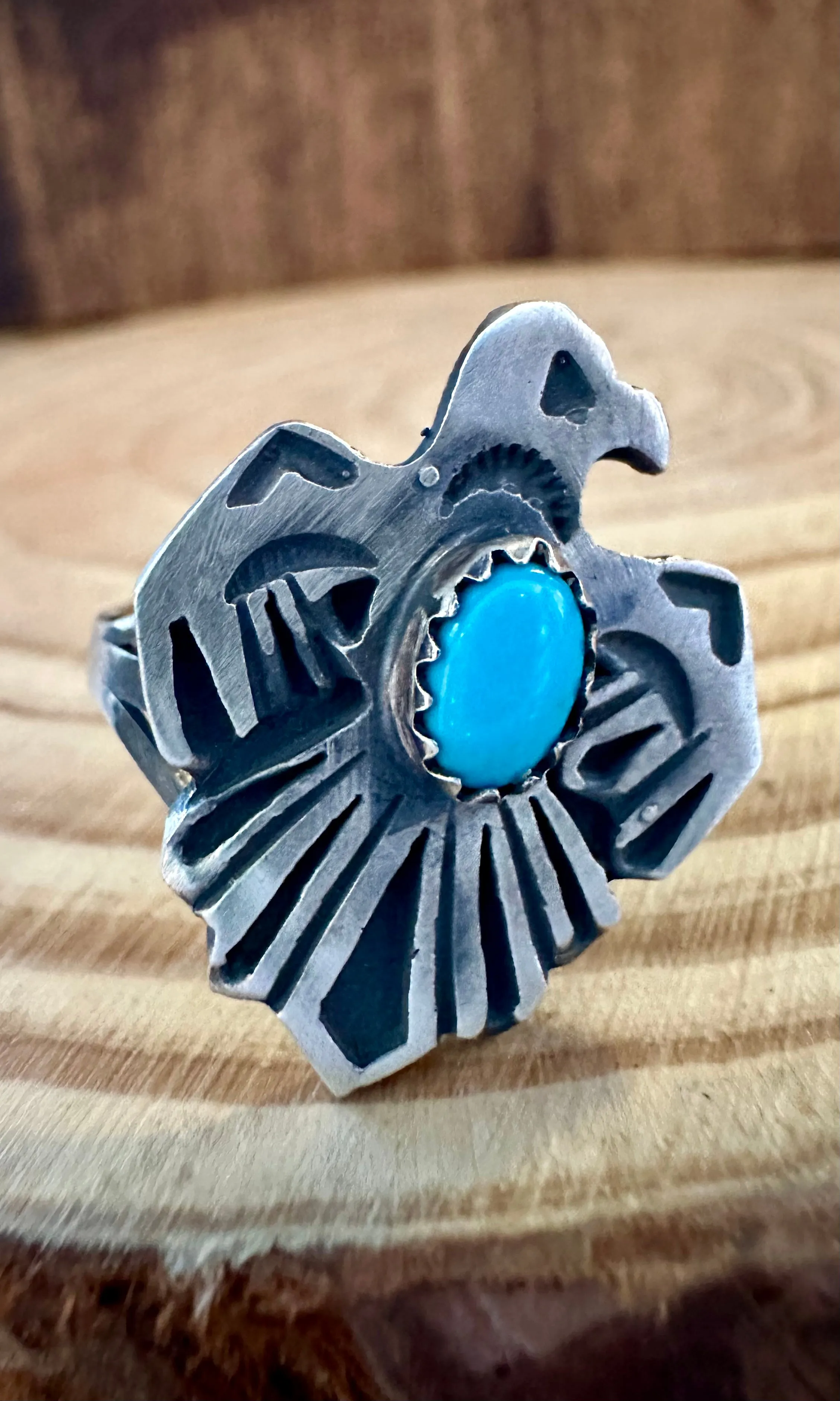 SMALL THUNDERBIRD Running Bear Navajo Turquoise and Sterling Silver Ring • Multiple Sizes