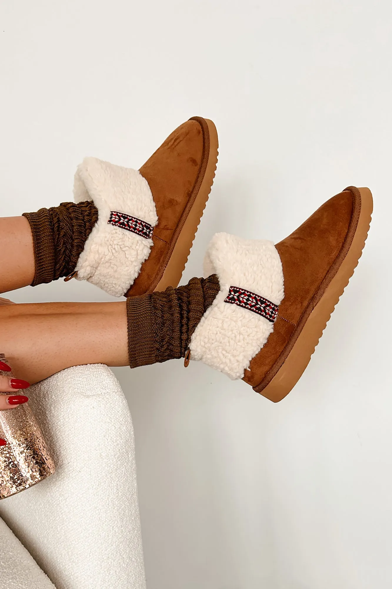 Snow Excited Sherpa Cuff Ankle Booties (Tan)