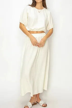 Two Piece Set Puff Sleeve Crop Top & Elastic Waist Maxi Skirt Set