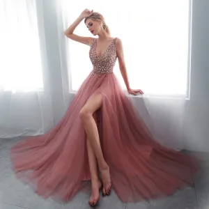 V neck Pink High Slit Prom Dresses Tulle Beading Sweep Train Sleeveless Evening Dress