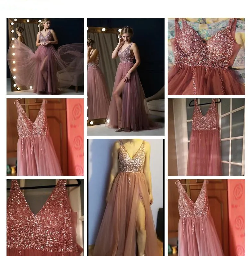 V neck Pink High Slit Prom Dresses Tulle Beading Sweep Train Sleeveless Evening Dress