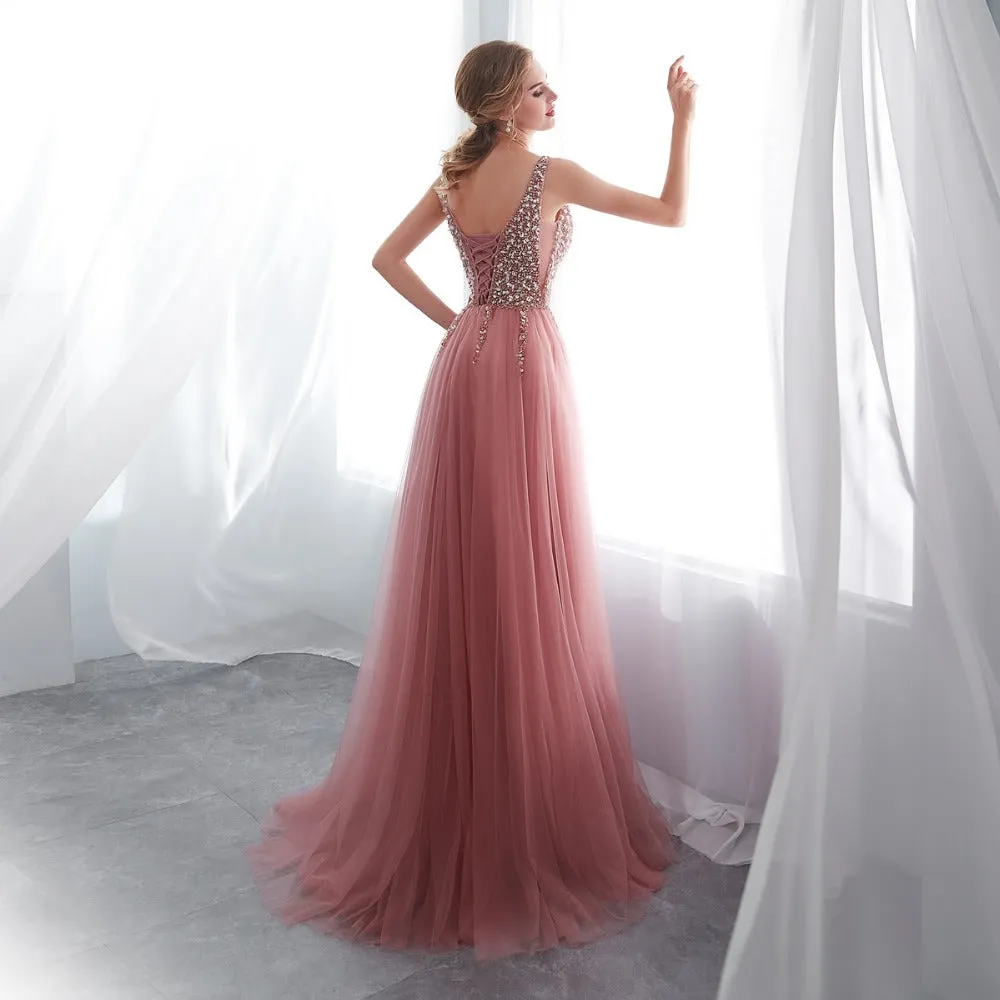 V neck Pink High Slit Prom Dresses Tulle Beading Sweep Train Sleeveless Evening Dress