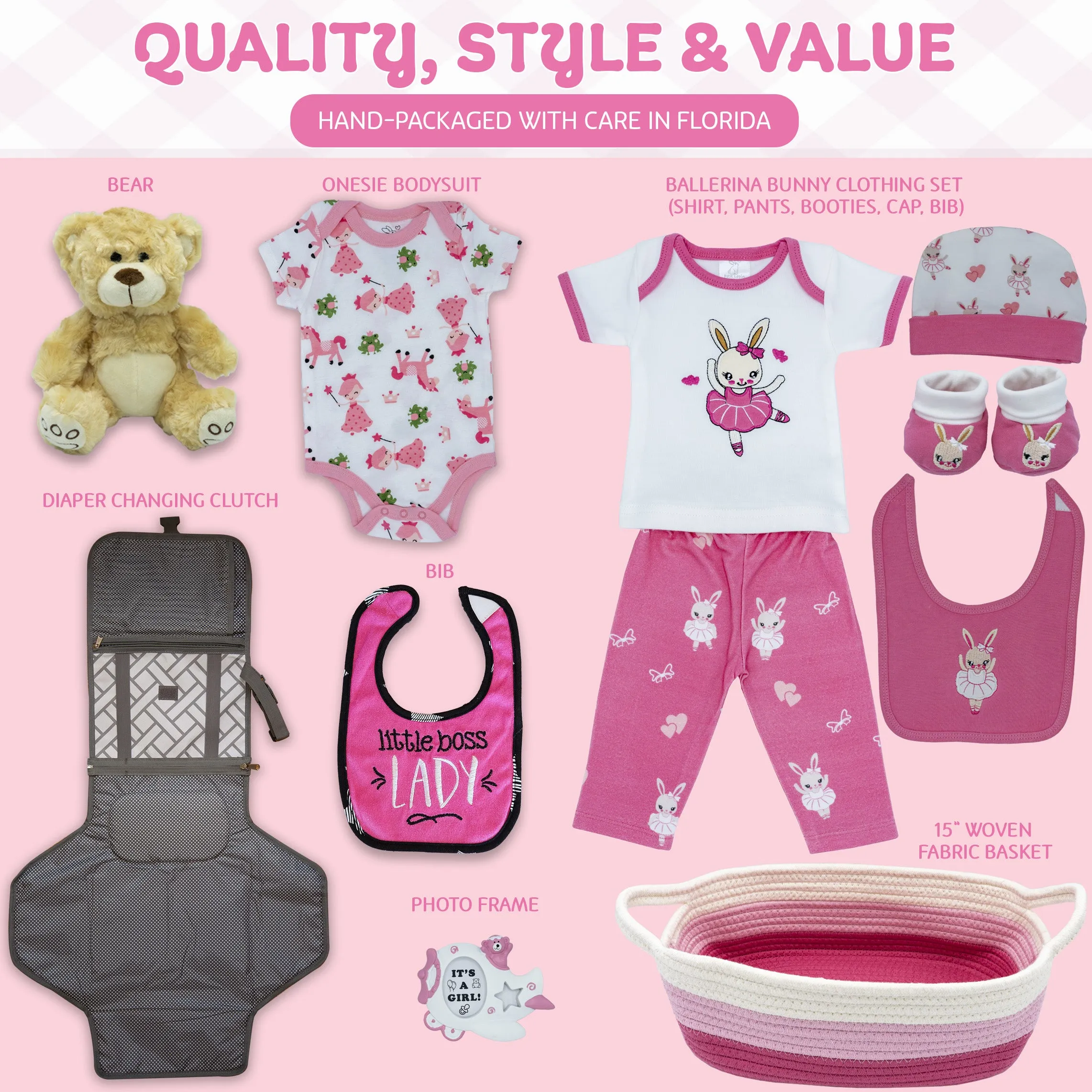 Welcome Home Precious Baby Girl Gift Set, Baby Layette Set with New Baby Girl Essentials, Newborn Baby Gift Set for Expecting Moms, Pink