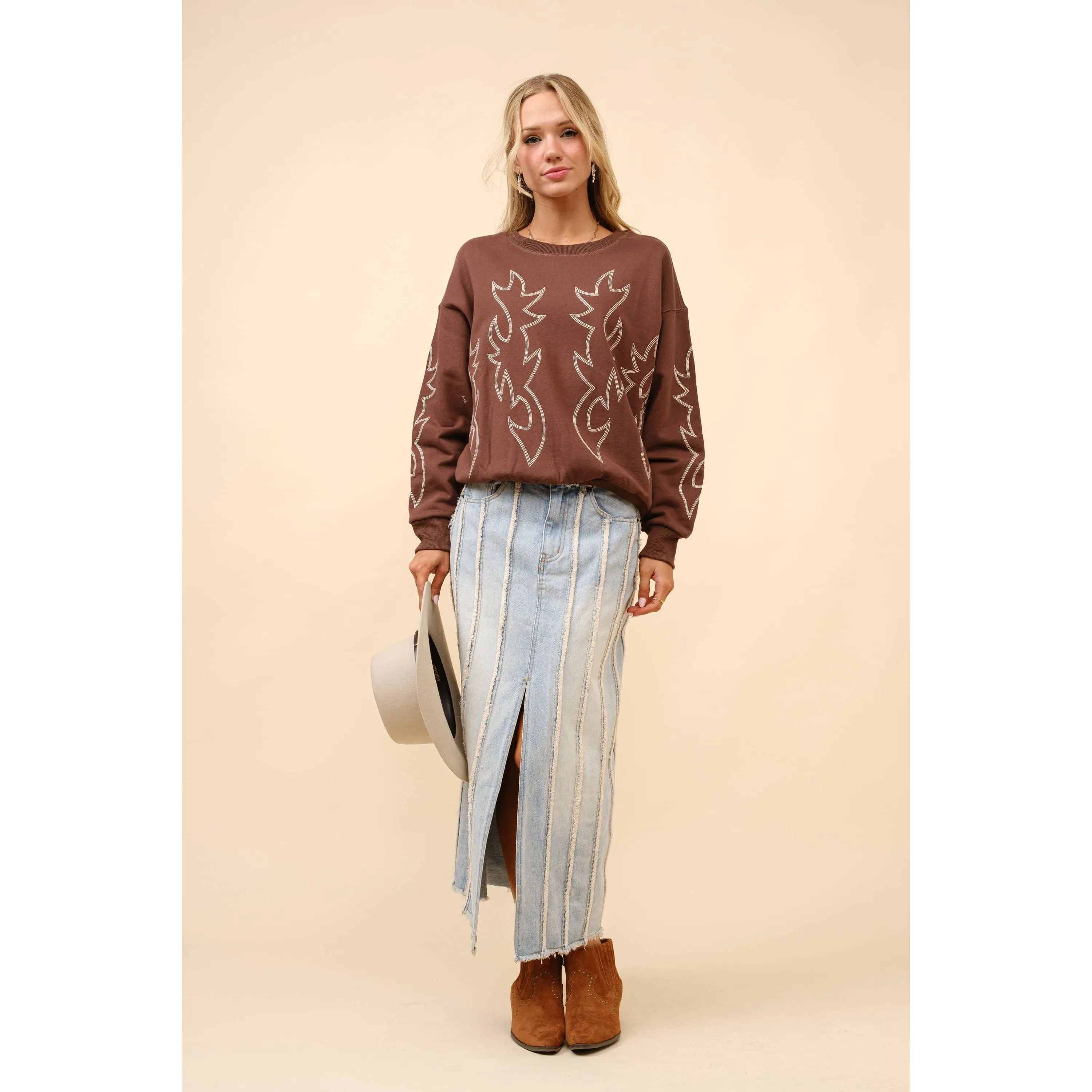 Western Boots Stitch Pullover Sweatshirt