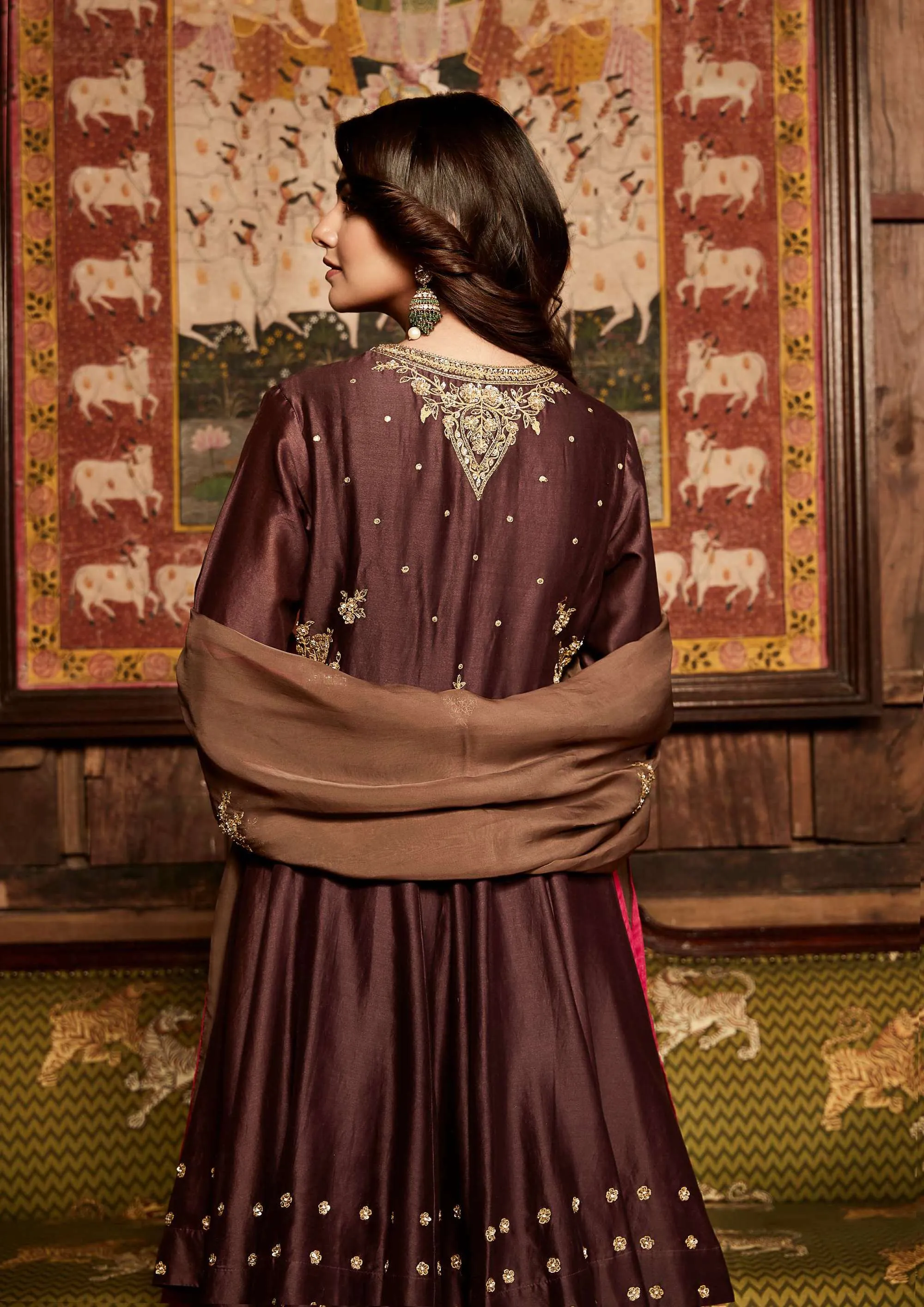 Wine Nawabi Short Anarkali Sharara Set