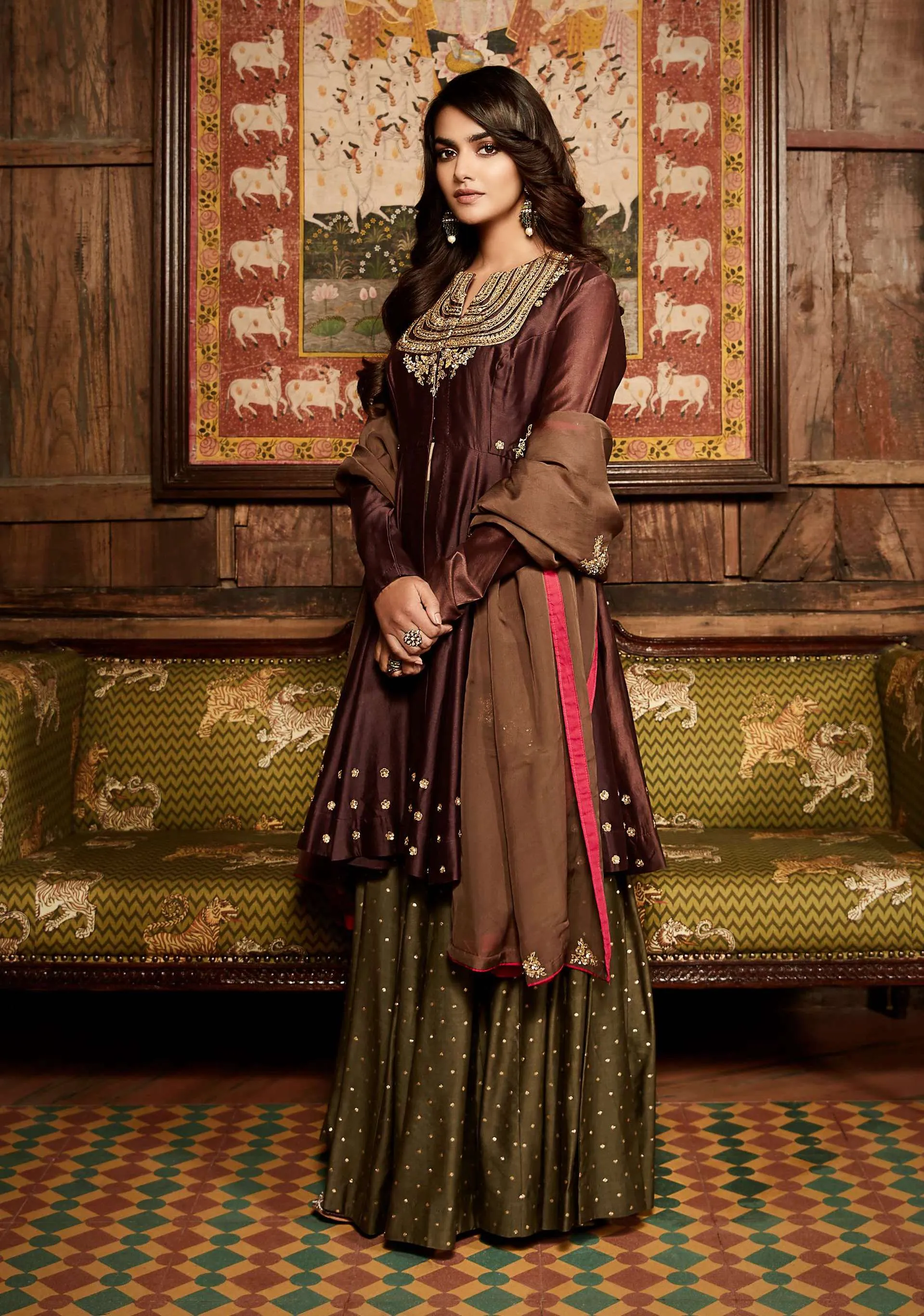 Wine Nawabi Short Anarkali Sharara Set