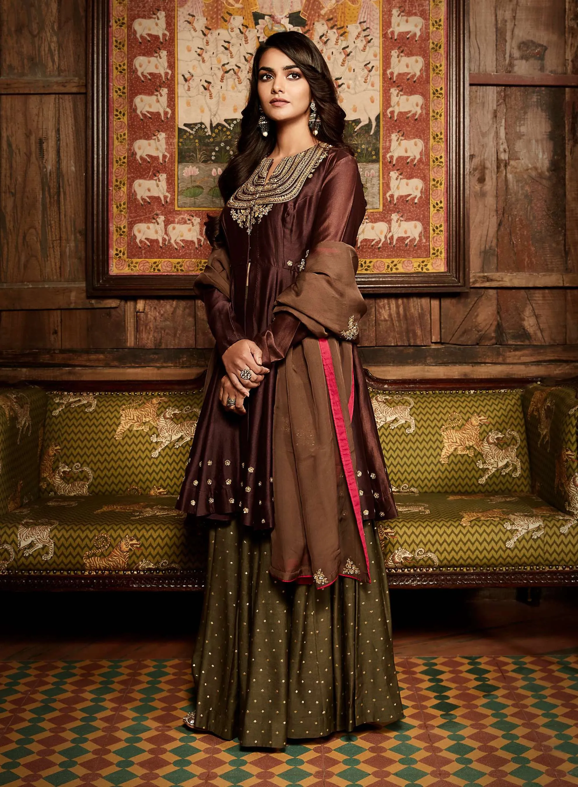 Wine Nawabi Short Anarkali Sharara Set